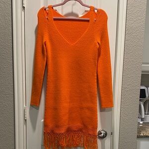 Derek Lam Crosby 10 Orange Long Sleeve Fringe Knit Dress